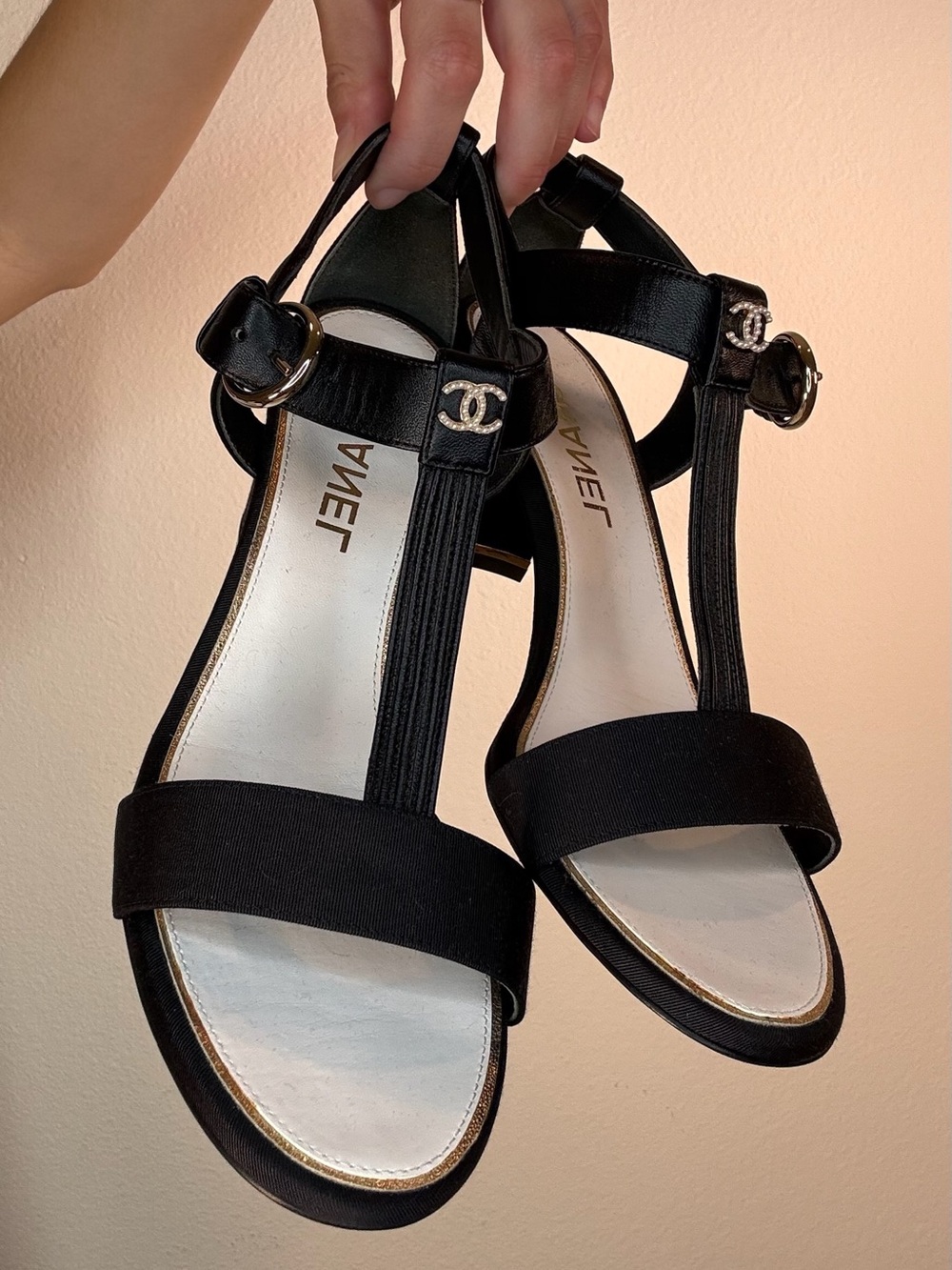 CHANEL Black T-Strap Heel w/ Faux Pearl CC Logo